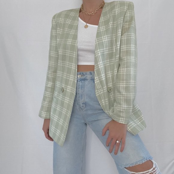 Vintage Pistachio & White Oversized Plaid Blazer - Picture 4 of 10